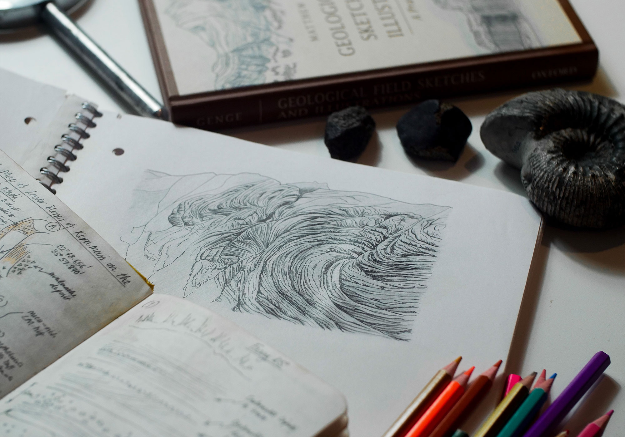 a notebook showing a sketch of a swirly rock formation called a Pahoehoe.