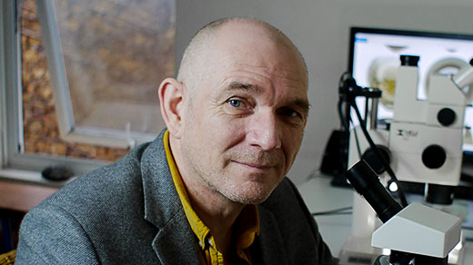 Matthew Genge in a yellow shirt and gray jacket seated at a microscope.