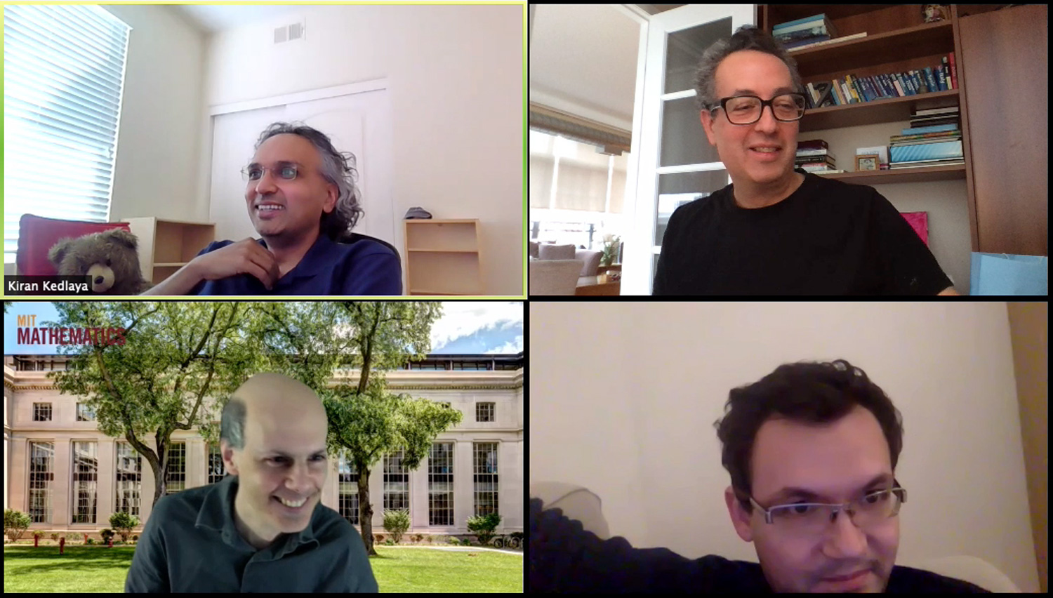 Photos of Kiran Kedlaya, Michael Rubinstein, Bjorn Poonen and Alexander Kolpakov during a joint Zoom meeting