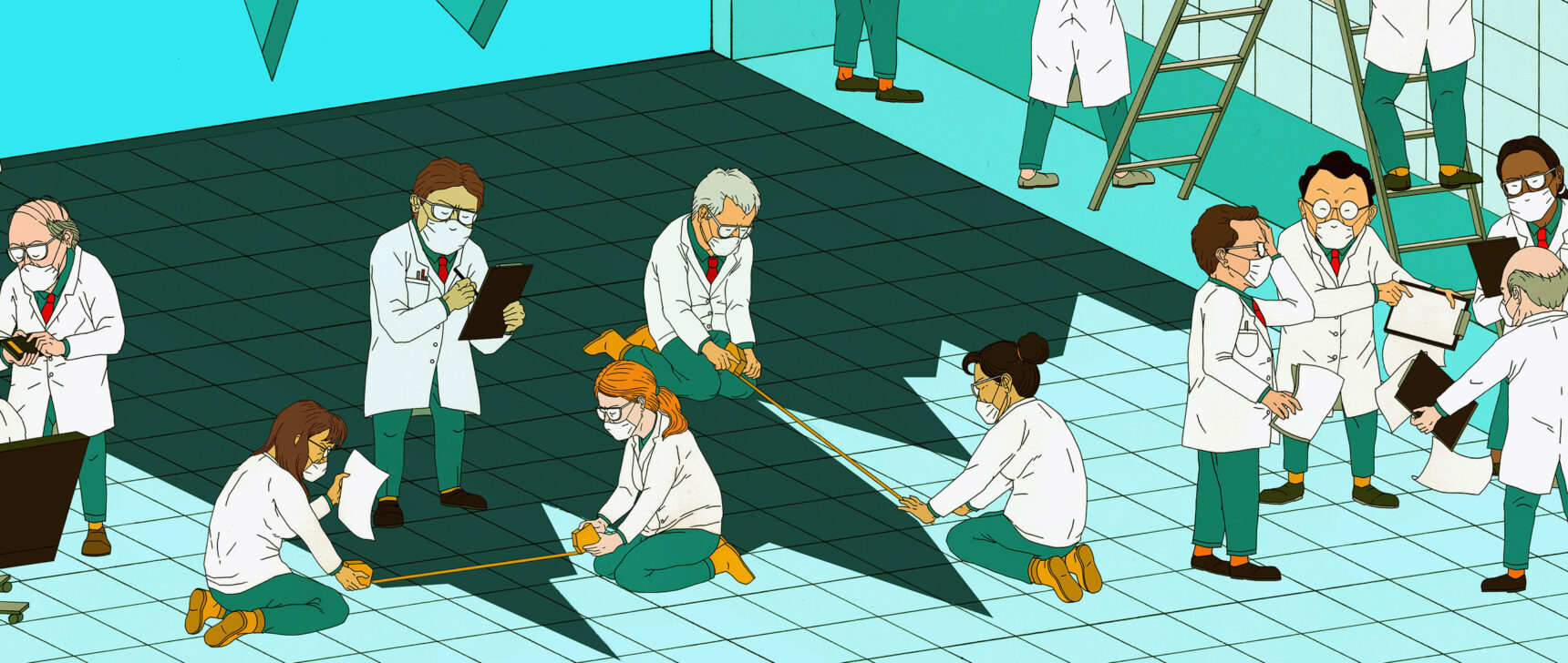 Illustration of researchers trying to reconstruct the shape of an epidemic curve from its distorted shadow on the floor.