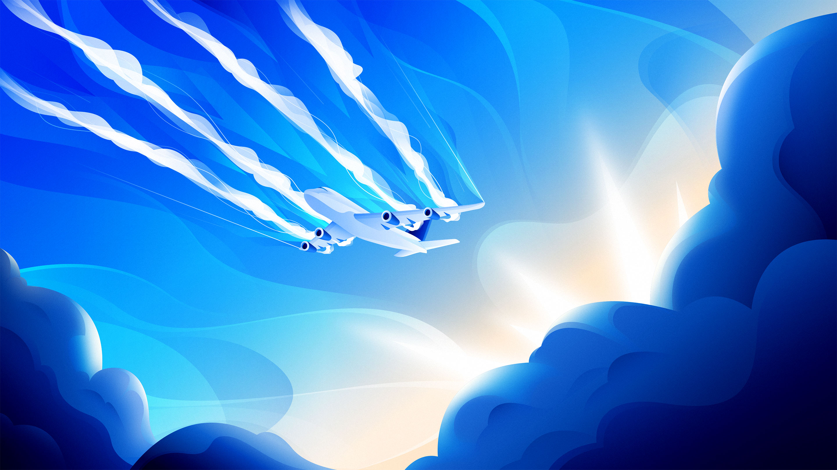 An illustration of an airplane with its contrails coming out in front of it.