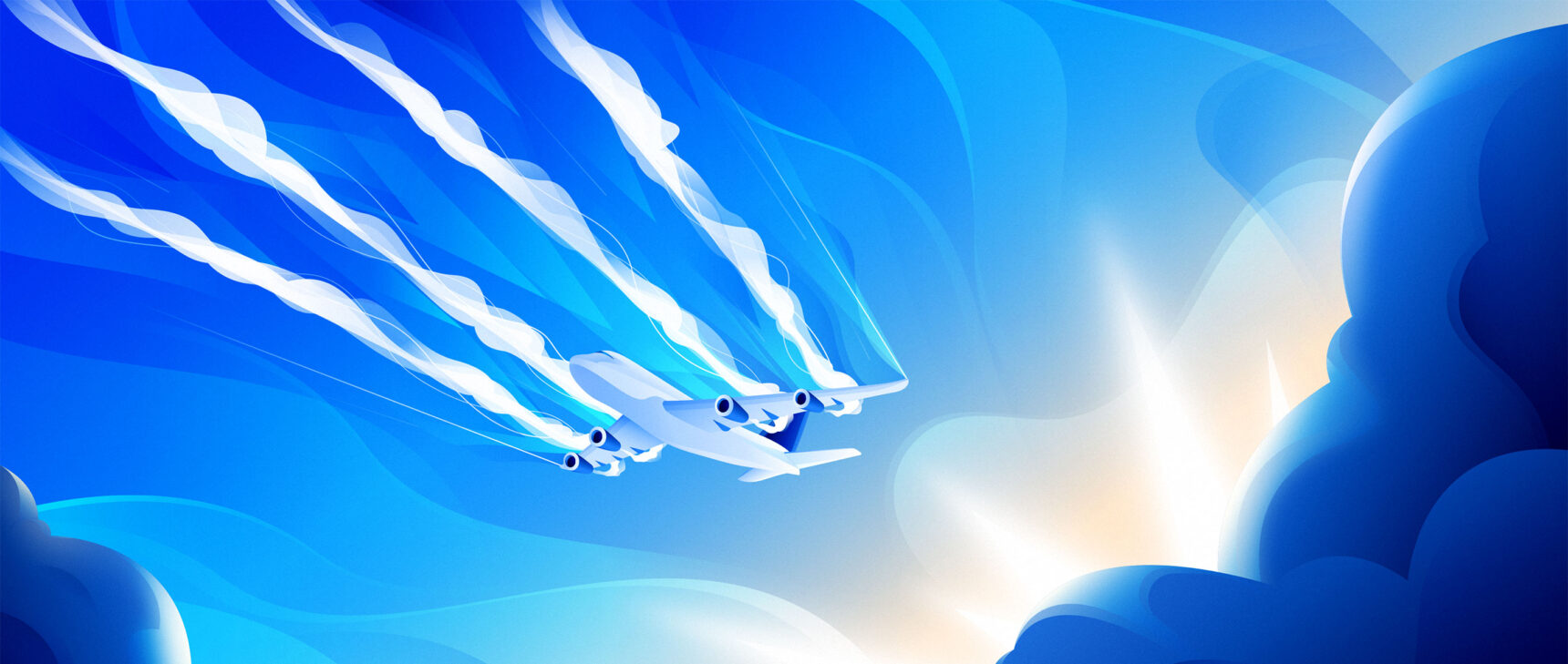 An illustration of an airplane with its contrails coming out in front of it.