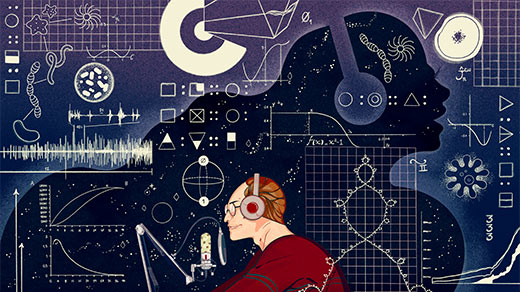 An illustration showing Steven Strogatz at a microphone, surrounded by a swirl of icons representing different subjects.