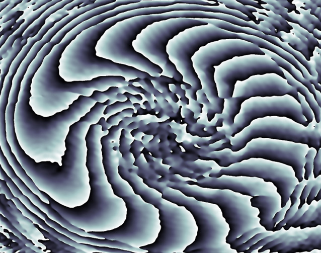 Two images show, at left, concentric white rings around a dark center, and at right, a vortex-like black-and-white pattern.