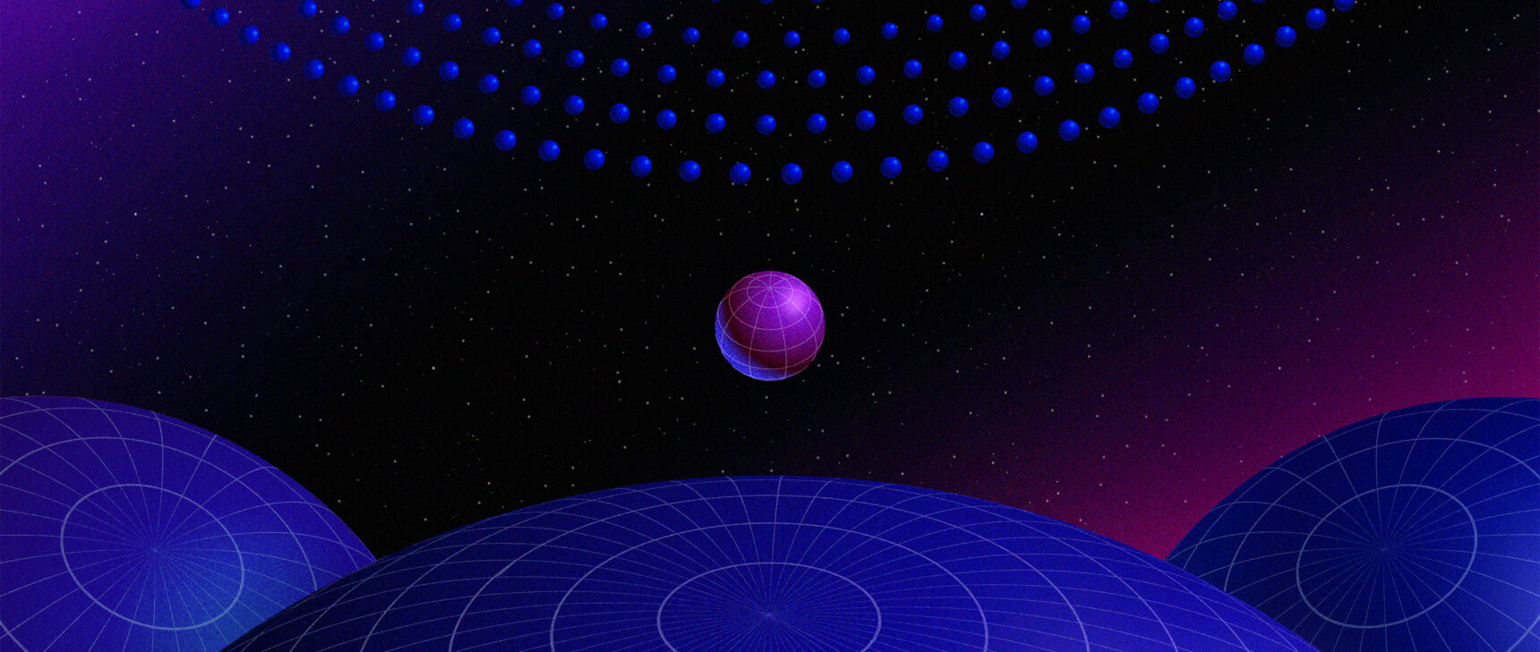 Spheres representing black holes, with small ones on top, large ones on the bottom, and one midsize example in the middle.