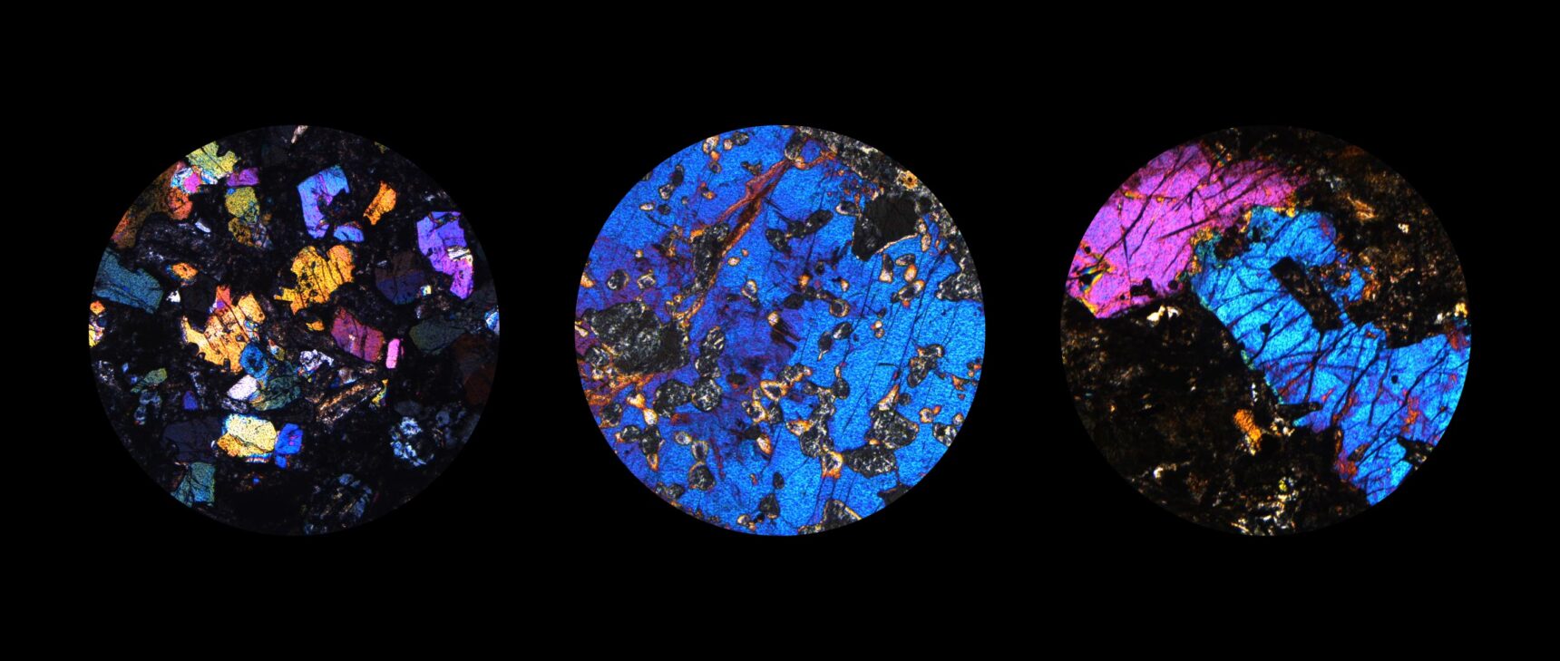 A mosaic of five microscope images of igneous rocks. The rocks are dappled with blue, pink, orange and multicolor inclusions.