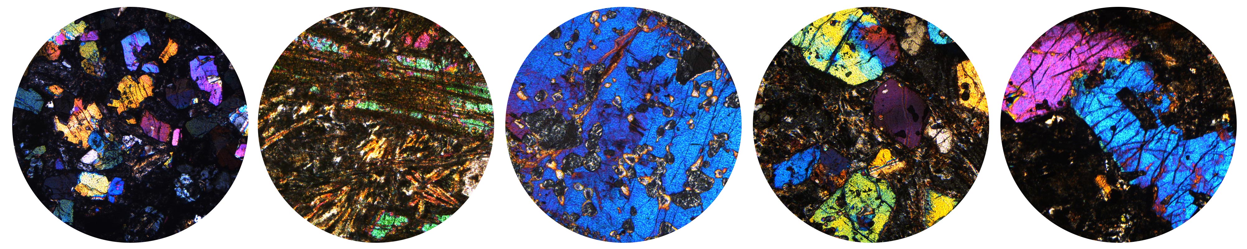 A mosaic of five microscope images of igneous rocks. The rocks are dappled with blue, pink, orange and multicolor inclusions.