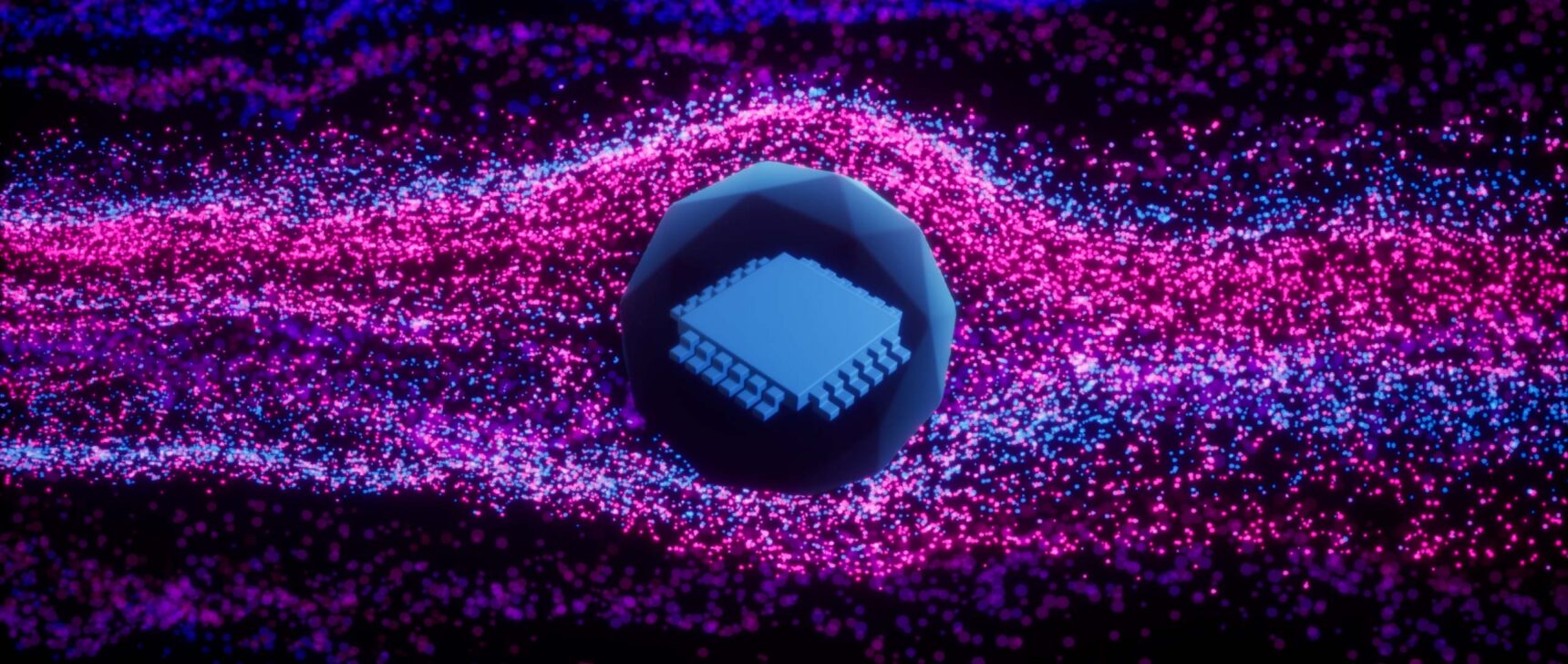 An illustration showing pink and purple particles flowing around a geometric computer chip.