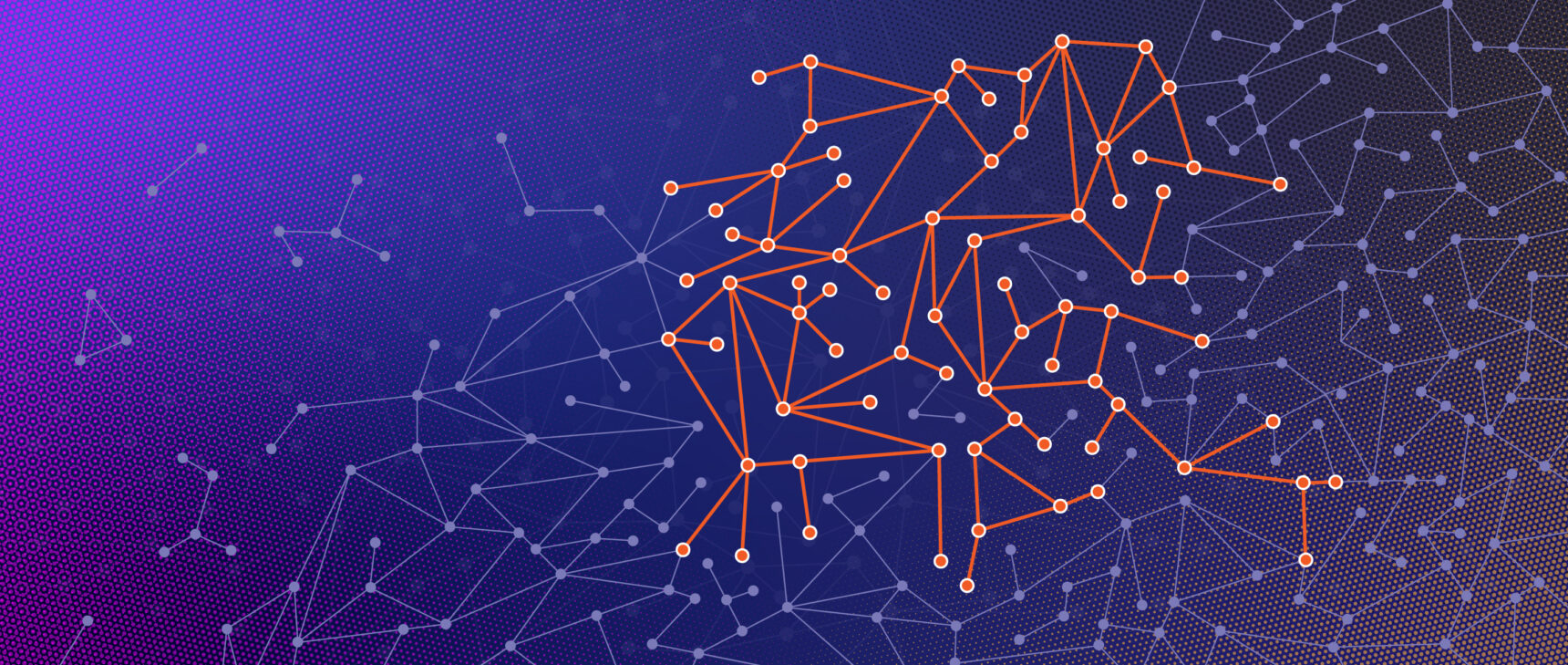 Illustration showing a graph against a purple background, with certain vertices and edges highlighted in orange.