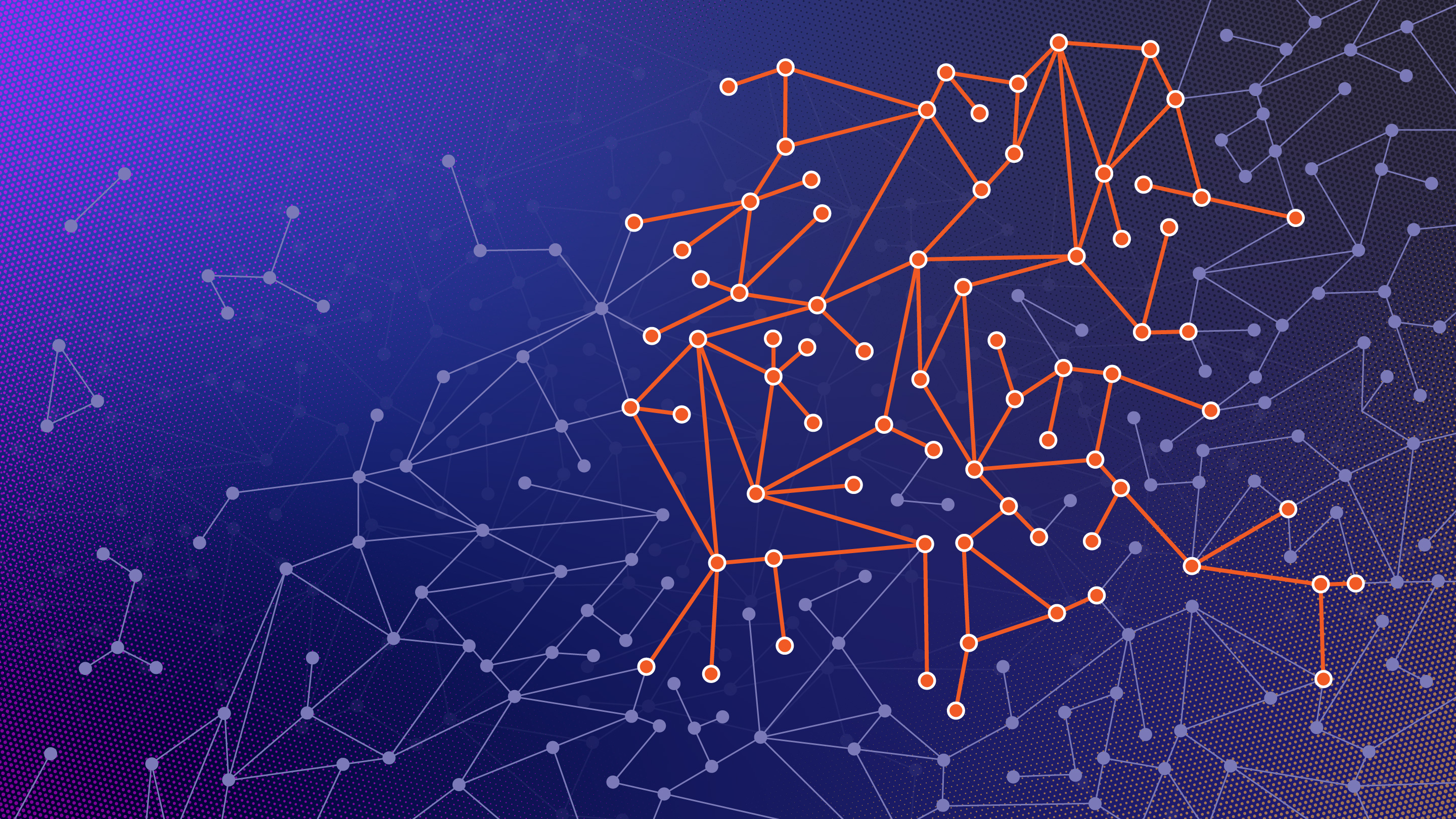 Illustration showing a graph against a purple background, with certain vertices and edges highlighted in orange.