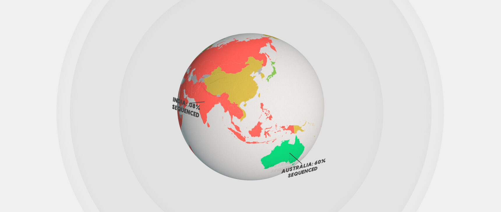 A spinning animated globe with the COVID-19 genome sequencing rates for some countries labeled.