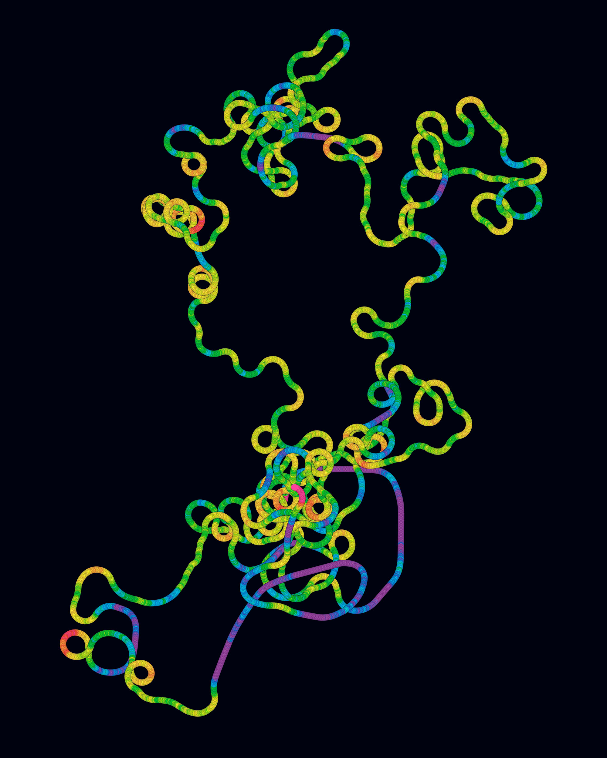 Two representations of SARS-CoV-2 genome sequences. One is a close-up of a single genome. The other presents 56 genomes to show the differences.