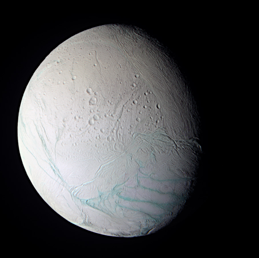 A white moon Enceladus with a geyser.