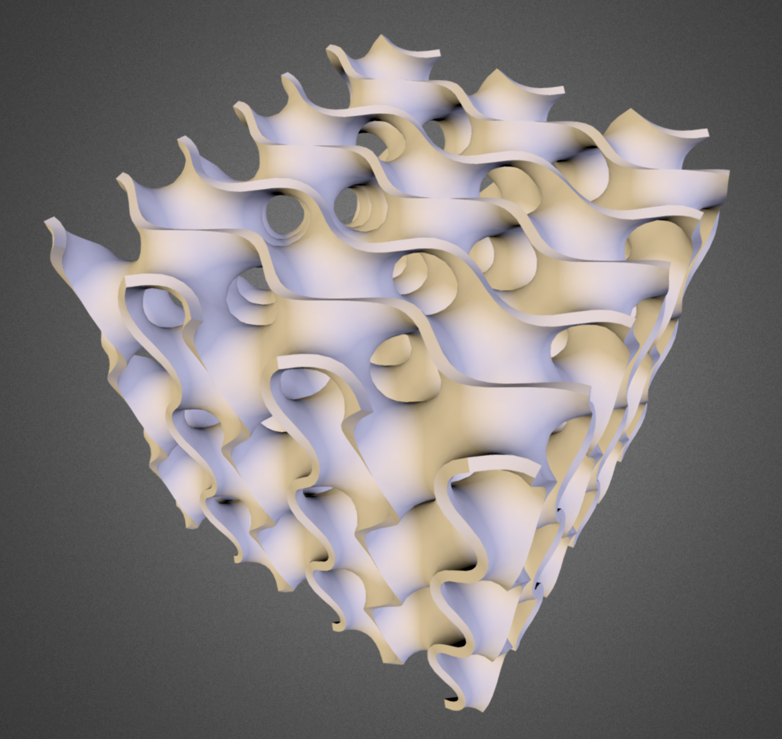 A micrograph of the crystalline structure found in leafbird feathers and a model of a gyroid.