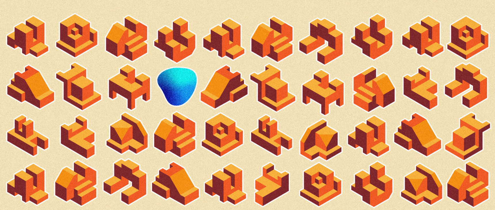 An array of blocky orange objects of all different shapes, with a single blue blob in one of the rows and columns.