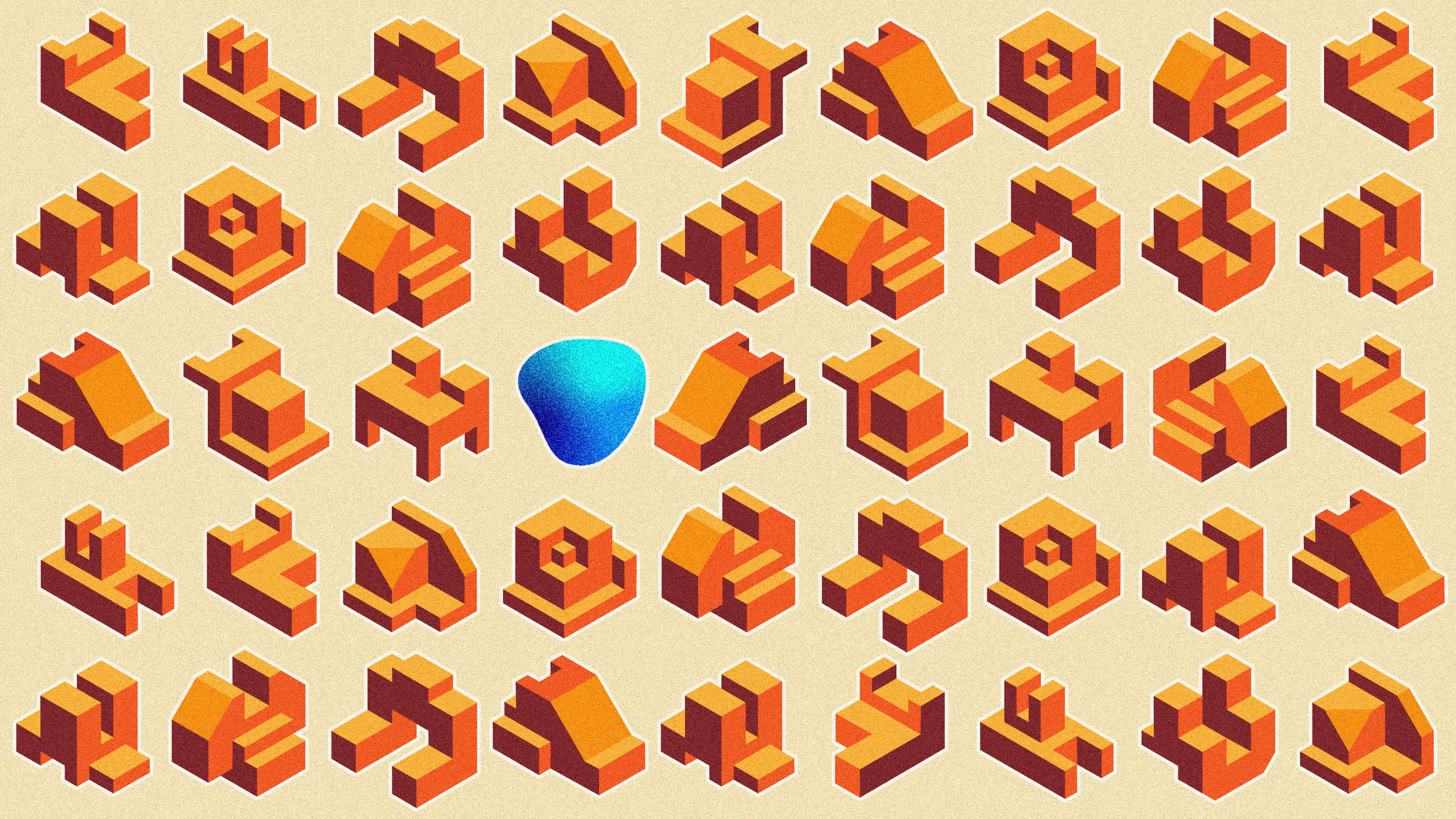 An array of blocky orange objects of all different shapes, with a single blue blob in one of the rows and columns.