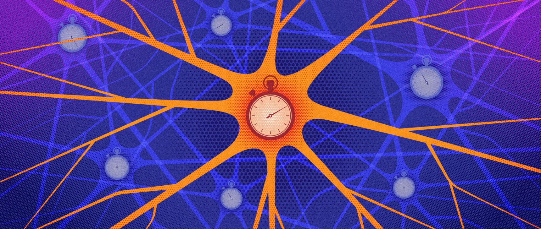 An illustration of a network of neurons, each one equipped with its own stopwatch.