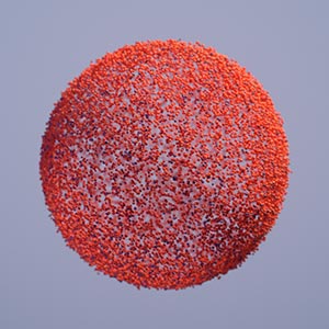 An orange ball decomposing into points and rematerializing as two balls, each the same size as the first.