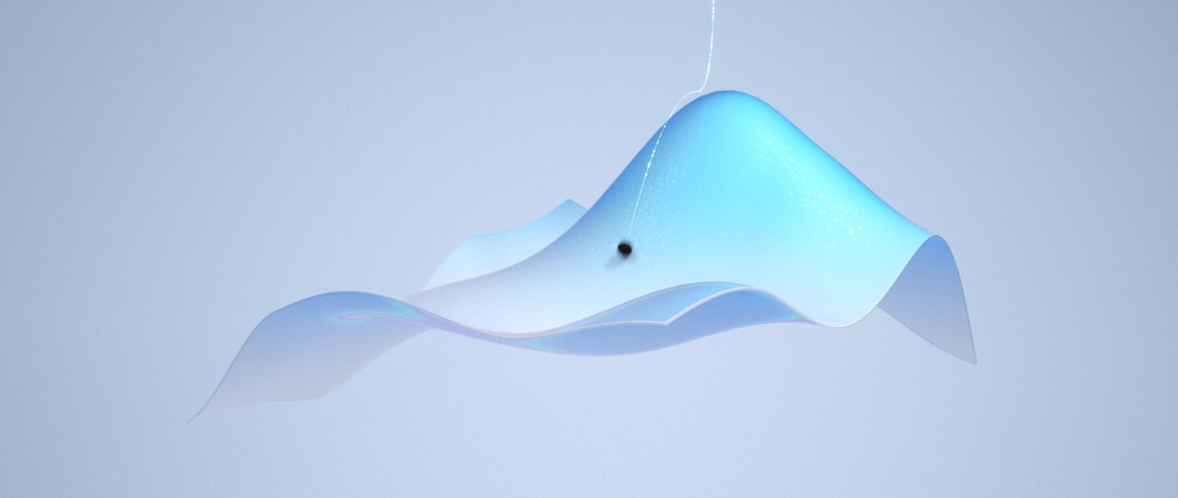 A GIF of a fluctuating plane with a ball rolling over its peaks and valleys and then off the screen.