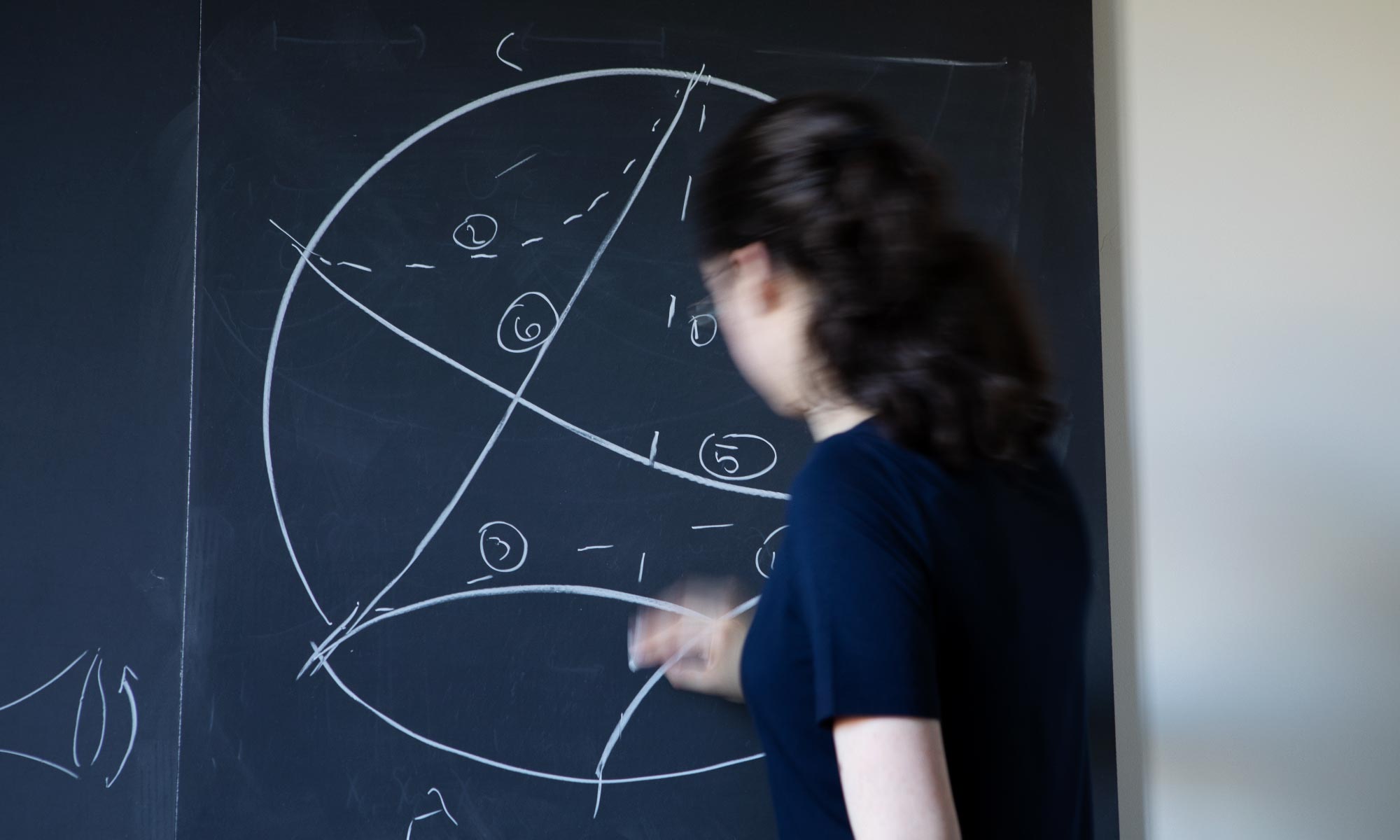 A diptych of two images, one showing Engelhardt drawing on a blackboard and the other showing a pile of books on her desk.