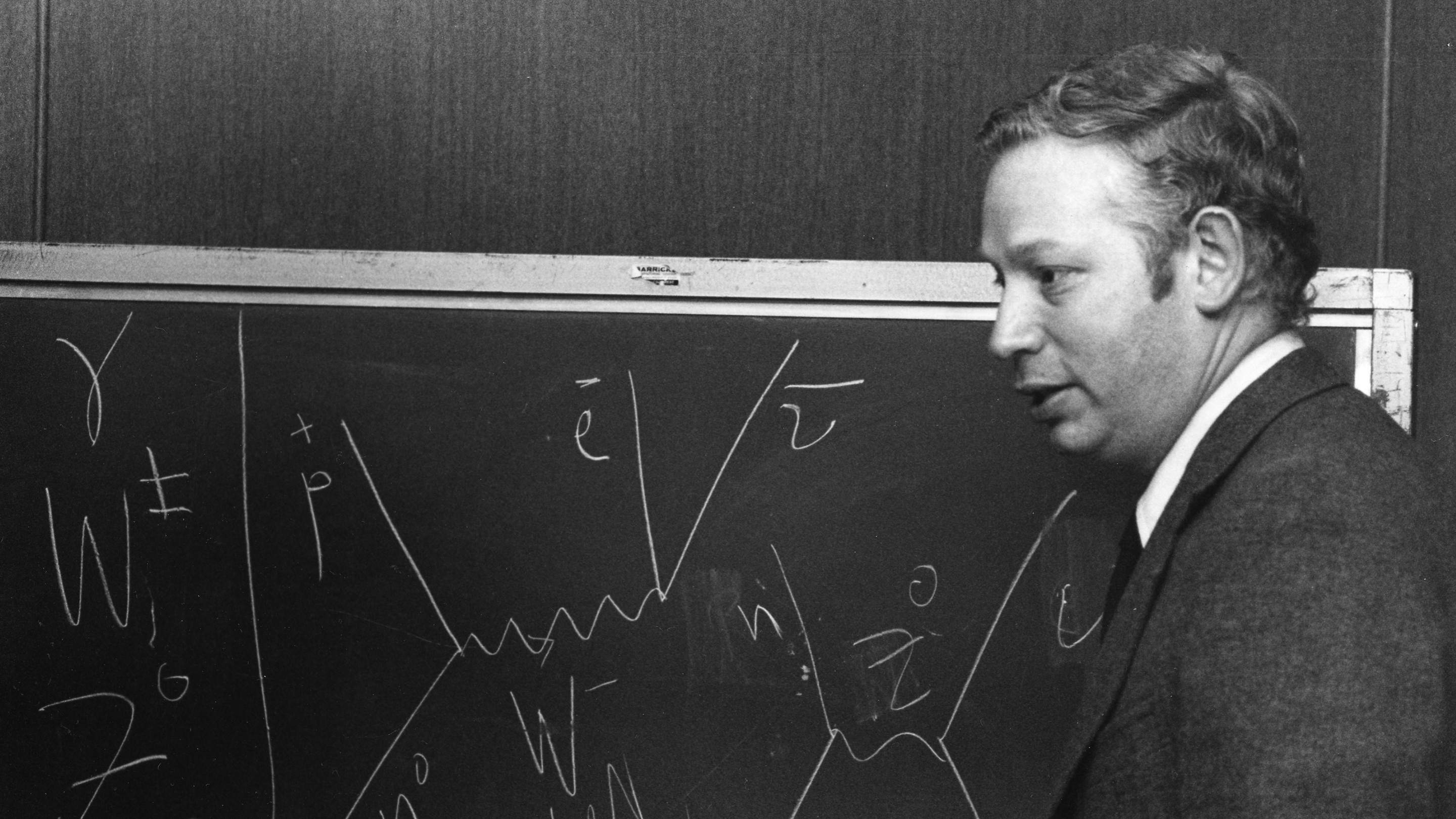 Black and white photo of Steven Weinberg in front of a chalkboard showing particle interactions