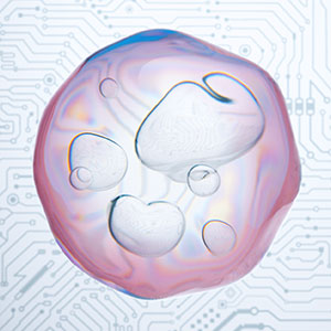 An illustration of a cell sitting atop a circuit diagram.