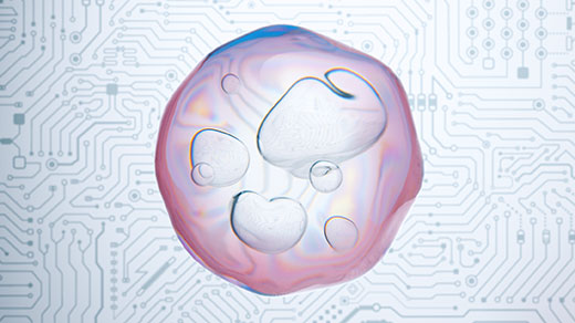 An illustration of a cell sitting atop a circuit diagram.