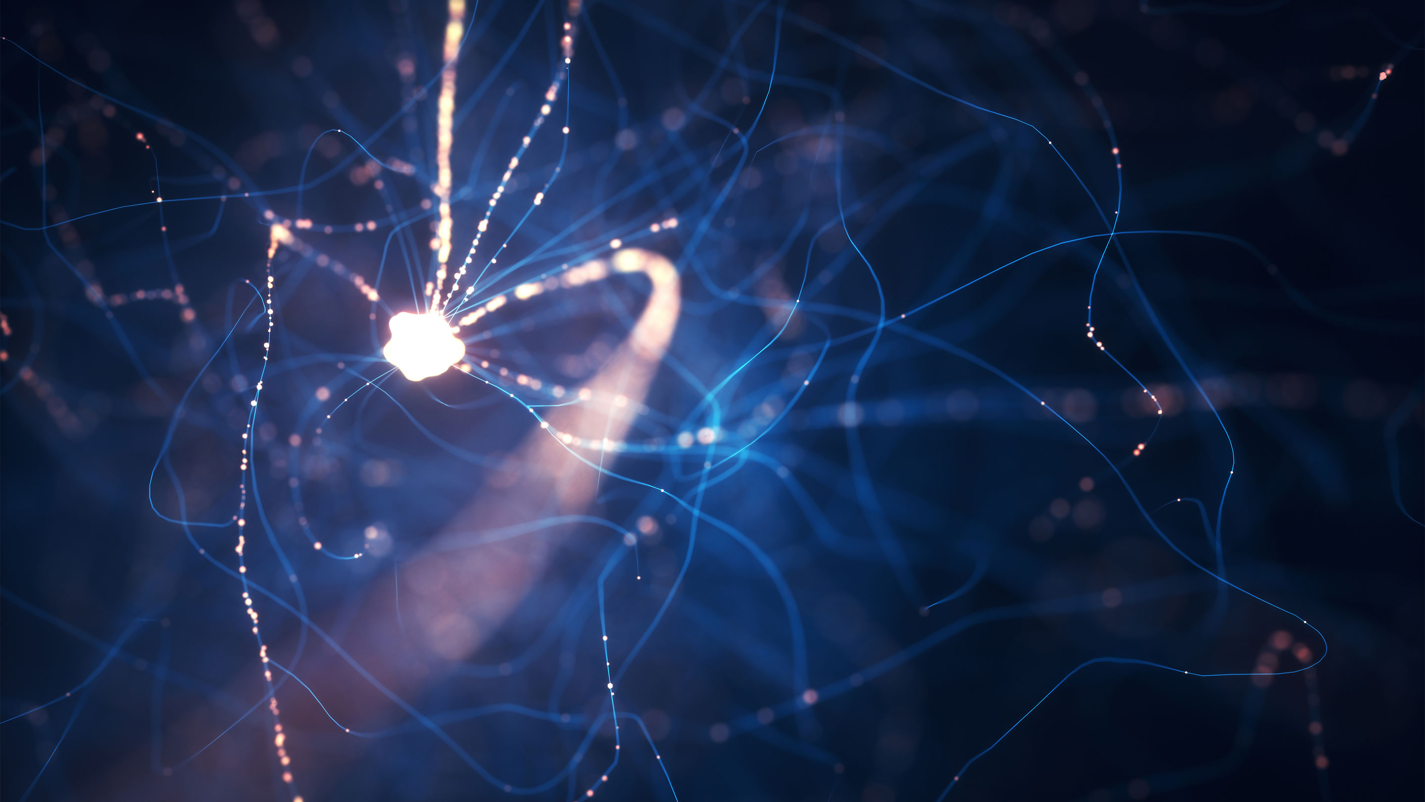 Illustration of a neuron lit up with electrical signals.