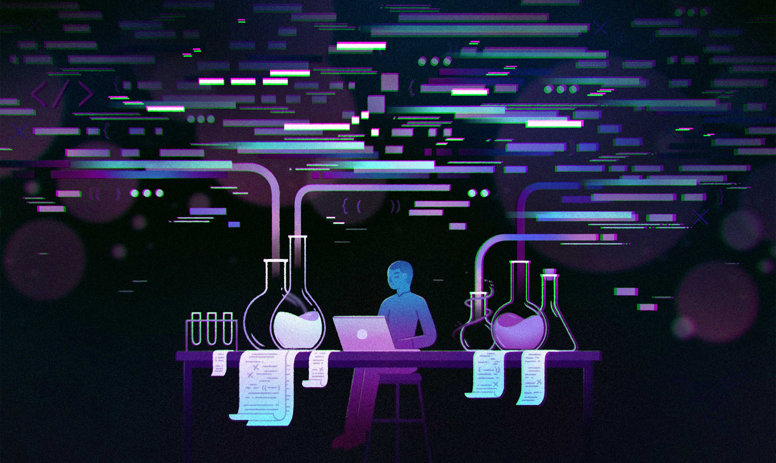 Illustration of a figure working on a laptop surrounded by flasks and liquids evaporating into discrete shapes in the air.