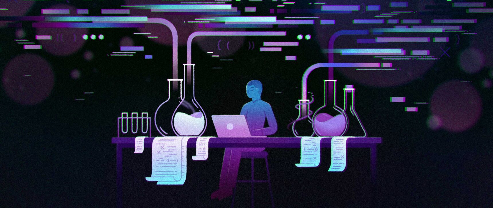 Illustration of a figure working on a laptop surrounded by flasks and liquids evaporating into discrete shapes in the air.