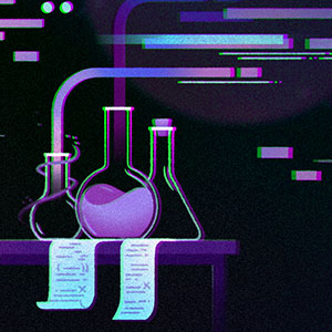 Illustration of a figure working on a laptop surrounded by flasks and liquids evaporating into discrete shapes in the air.