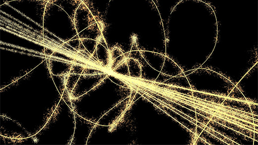 A video of gold streaks representing particles flying toward each other; when they collide, gold streaks shoot and spiral out in many directions.