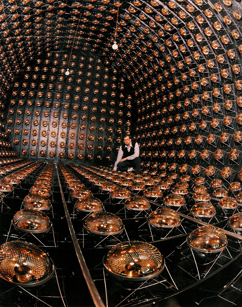 A man kneels inside a bus-size tank lined with shiny, round, amber-colored detectors.