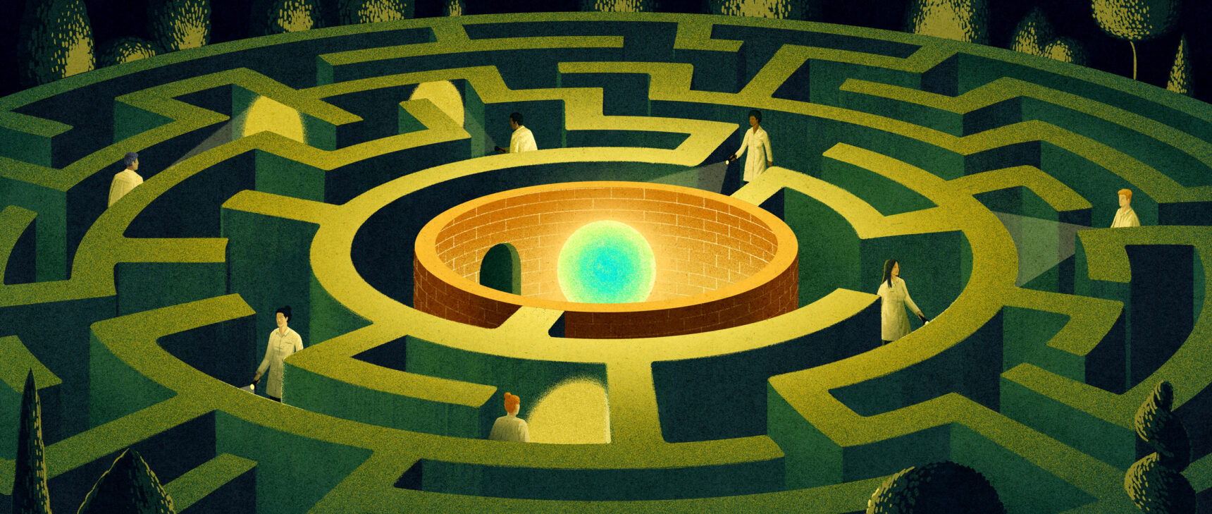 Illustration of labyrinth with a large sphere representing the neutrino at center. People with flashlights explore the paths.