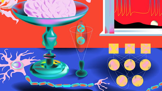 an artistic representation of a brain in a dish on a blue table with enlarged neurons and a neural network, against a red background with a signal of neural bursts