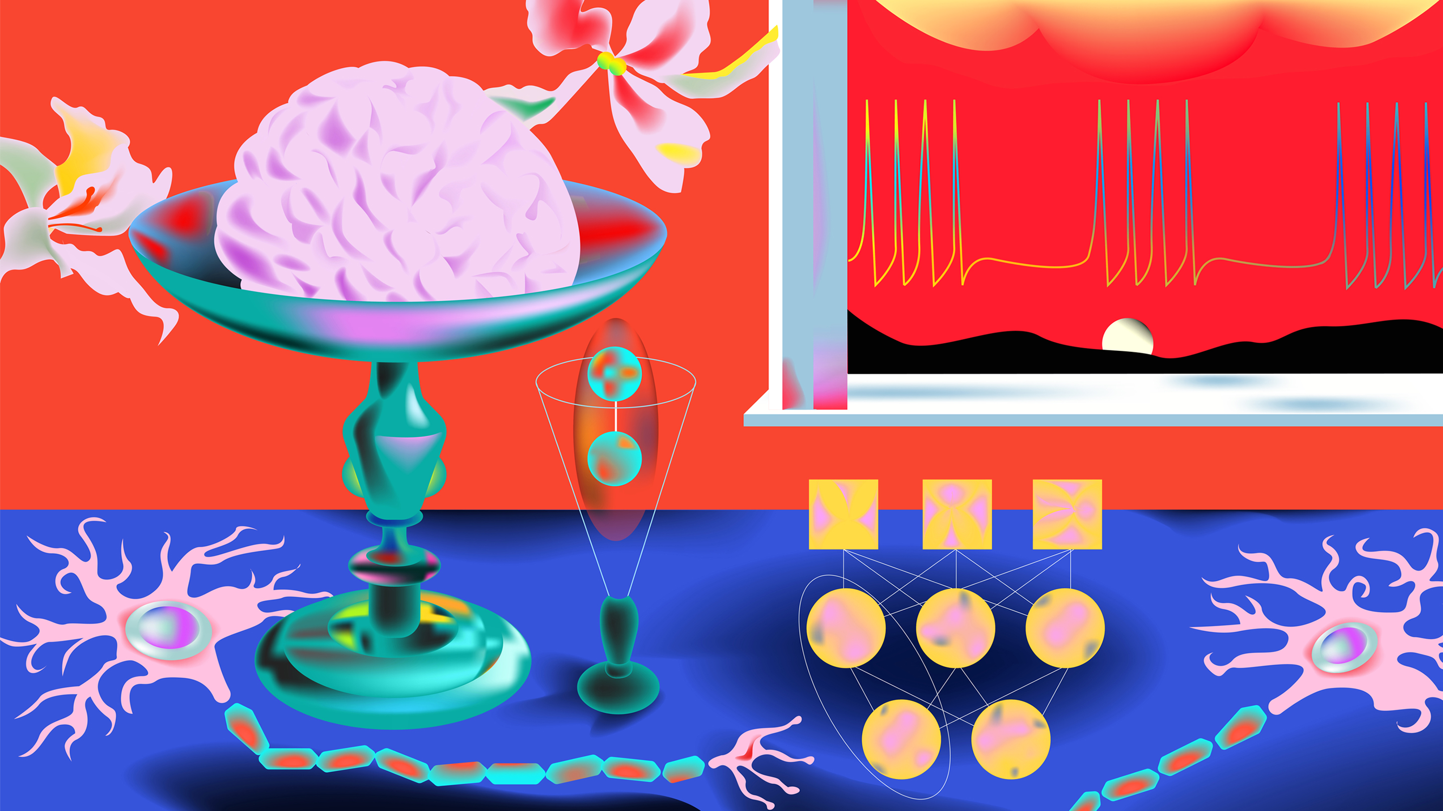 an artistic representation of a brain in a dish on a blue table with enlarged neurons and a neural network, against a red background with a signal of neural bursts