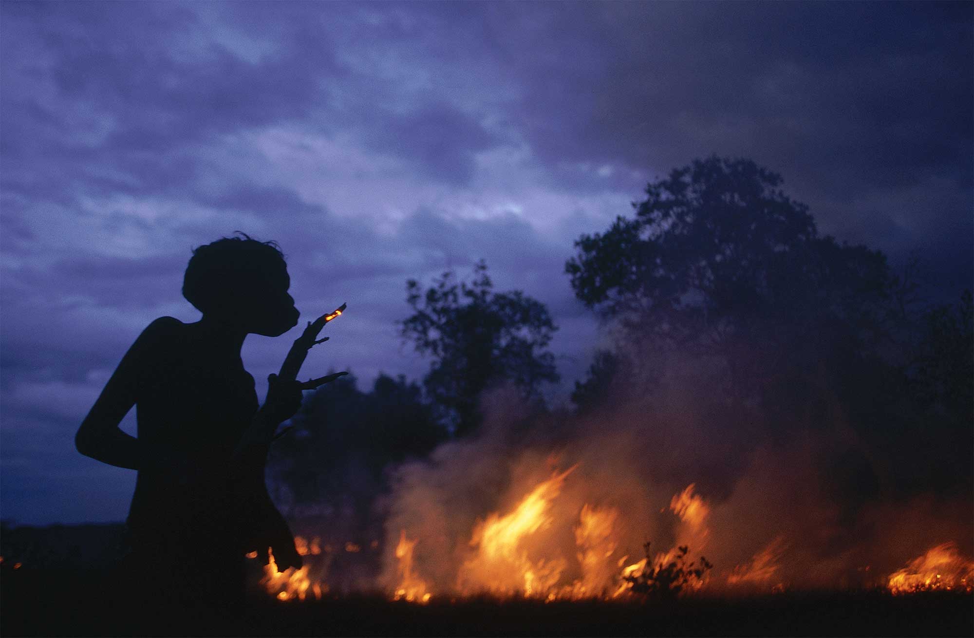 Indigenous boy in Australia lights a controlled fire in Arnhem Land.