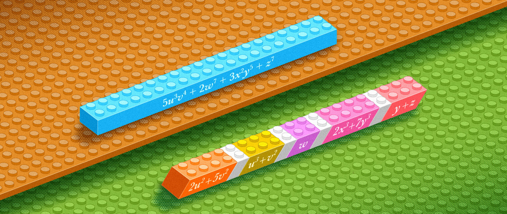 An image with Lego blocks representing polynomials and their factors.