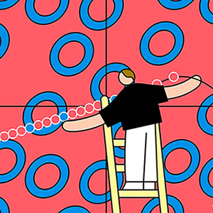 An illustration of a mathematician on a ladder stringing red and blue beads against a tiled red backdrop dotted with blue circles.