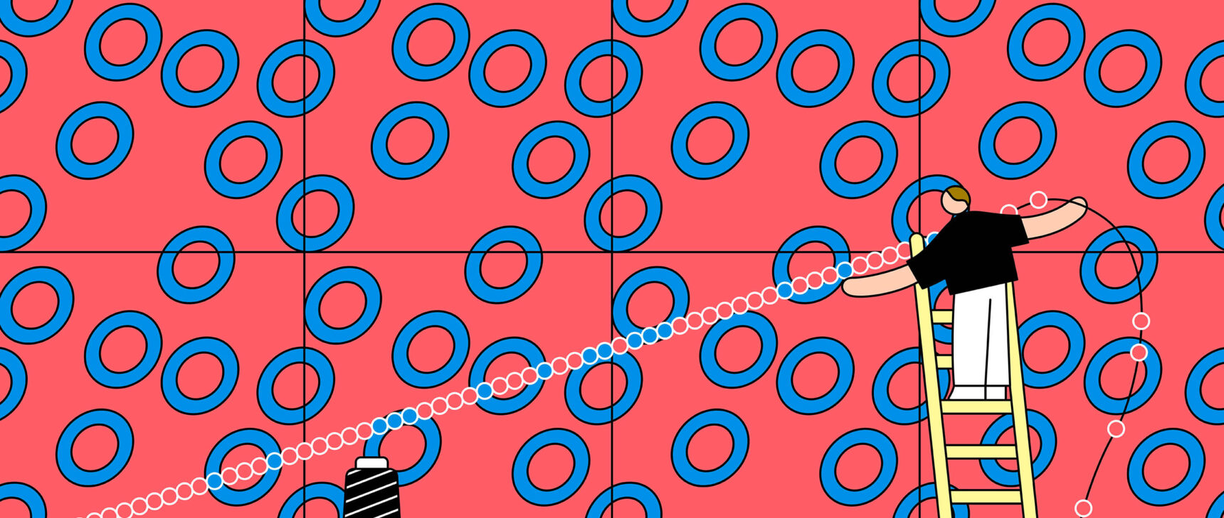 An illustration of a mathematician on a ladder stringing red and blue beads against a tiled red backdrop dotted with blue circles.