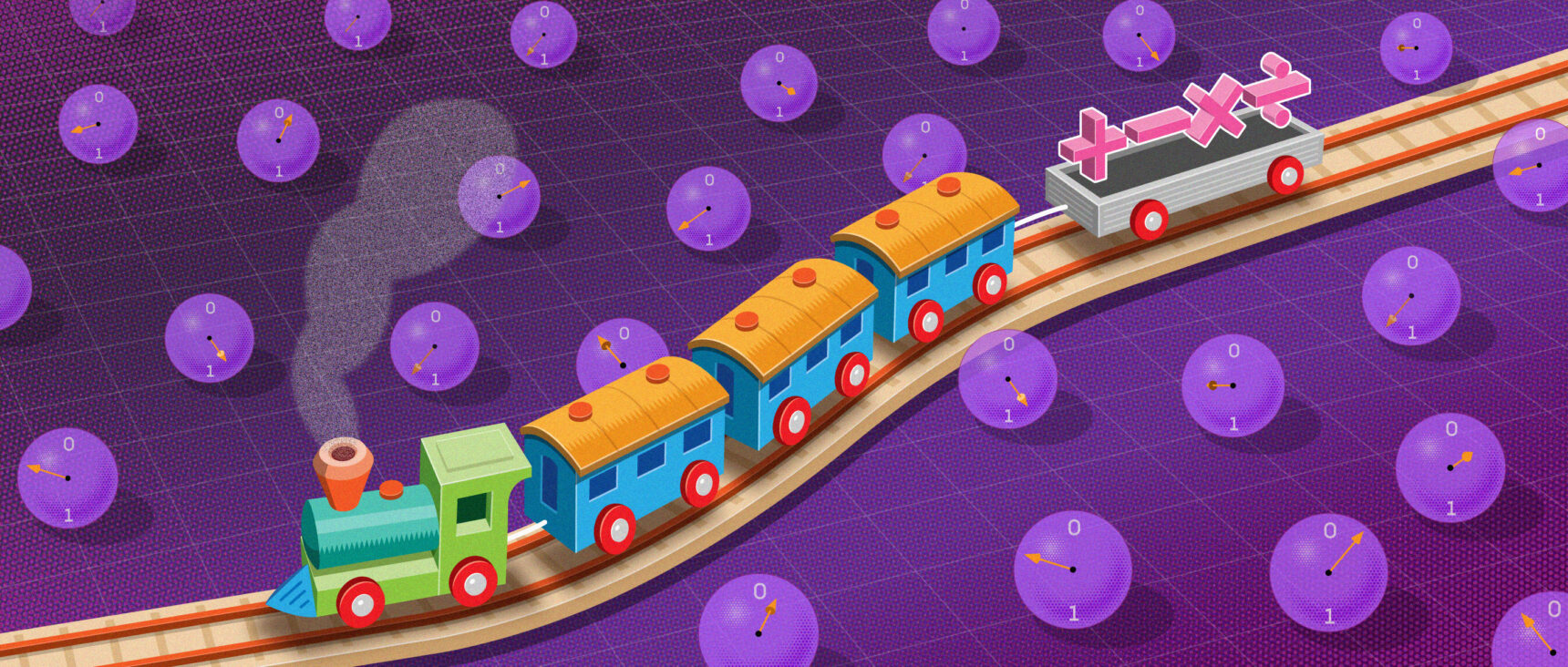 An illustration of a locomotive pulling train cars, with math symbols piled in the caboose.