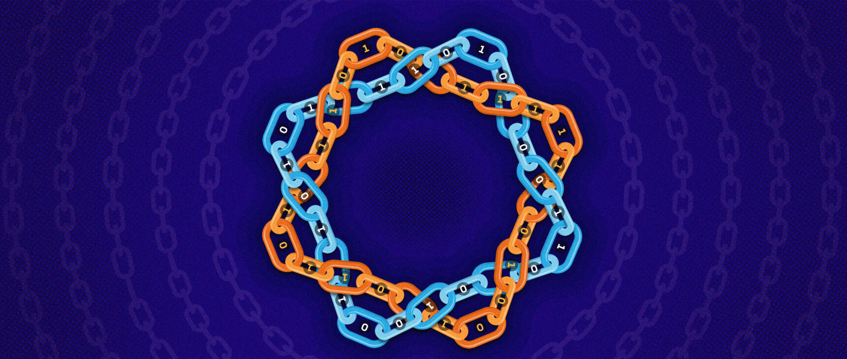 Illustration of two interweaving chains, one blue and one orange, against a blue background.