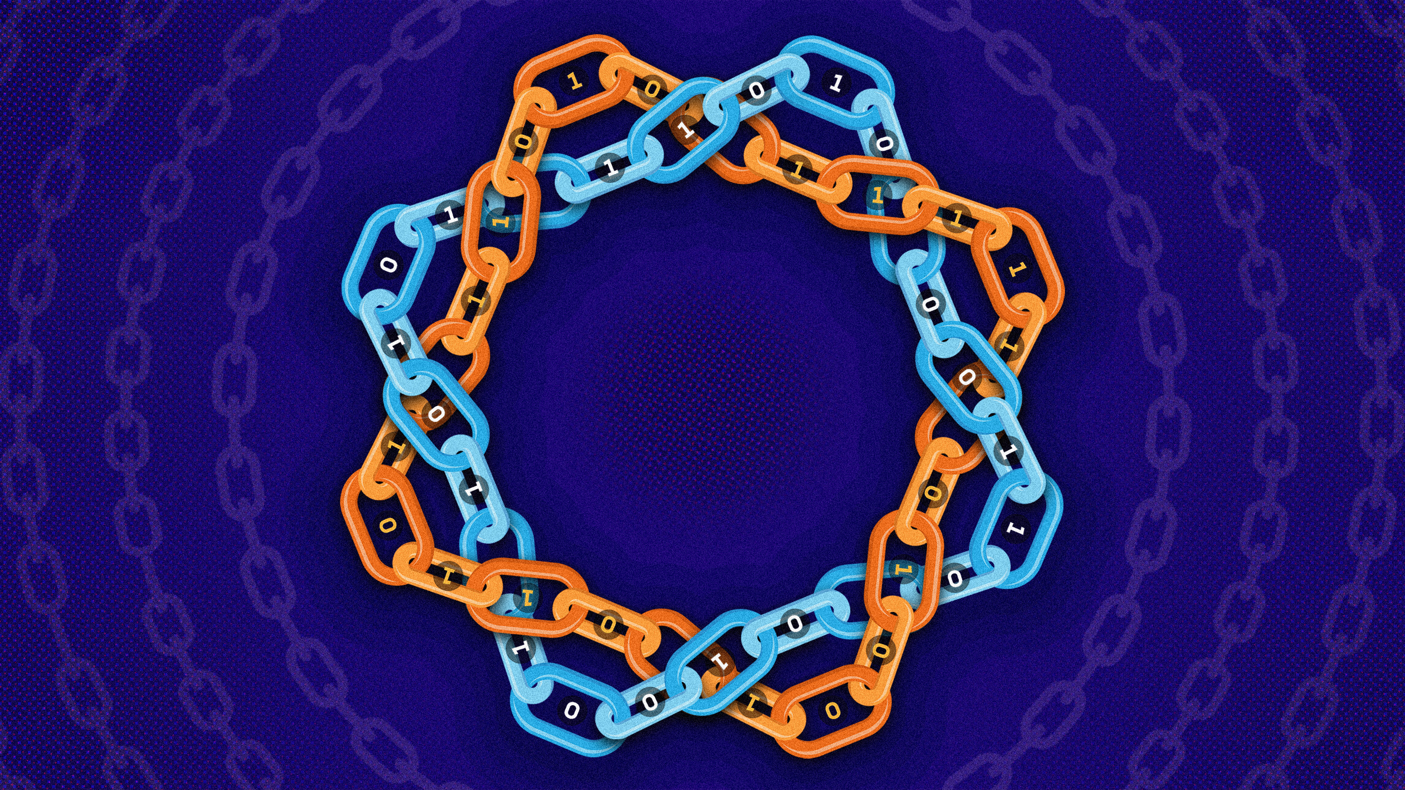 Illustration of two interweaving chains, one blue and one orange, against a blue background.