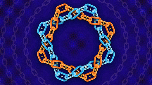 Illustration of two interweaving chains, one blue and one orange, against a blue background.