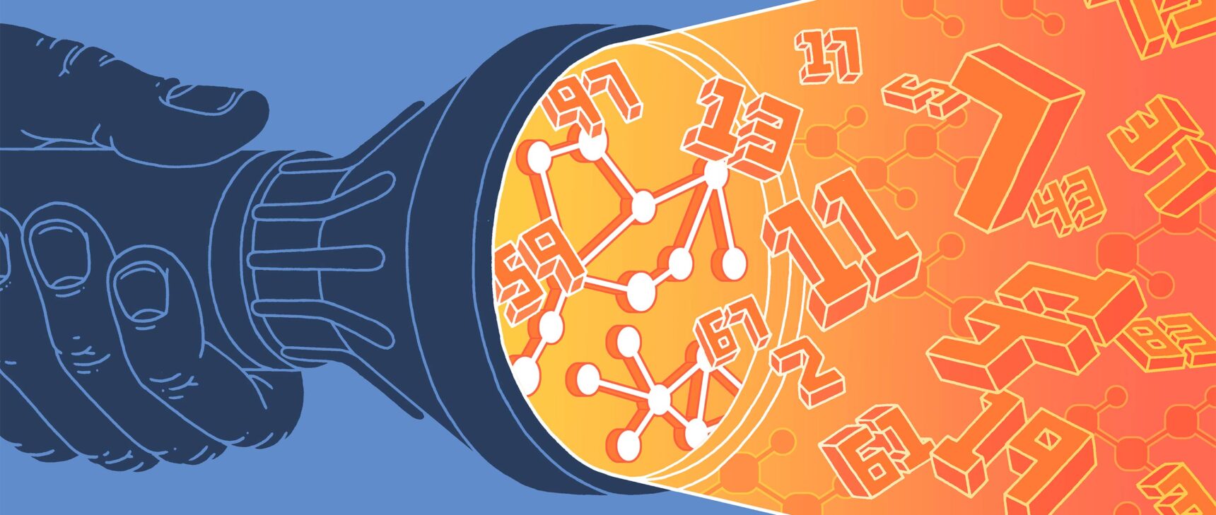 An illustration of a flashlight whose beam illuminates graphs and numbers.