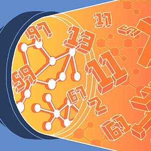 An illustration of a flashlight whose beam illuminates graphs and numbers.