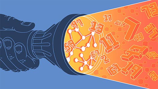 An illustration of a flashlight whose beam illuminates graphs and numbers.