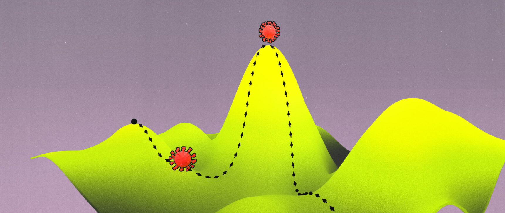 Illustration of COVID-19 virus particles rolling across a 3D landscape.