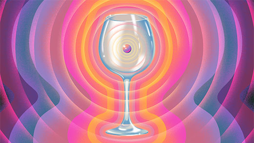 Illustration of a subatomic particle inside a wineglass.