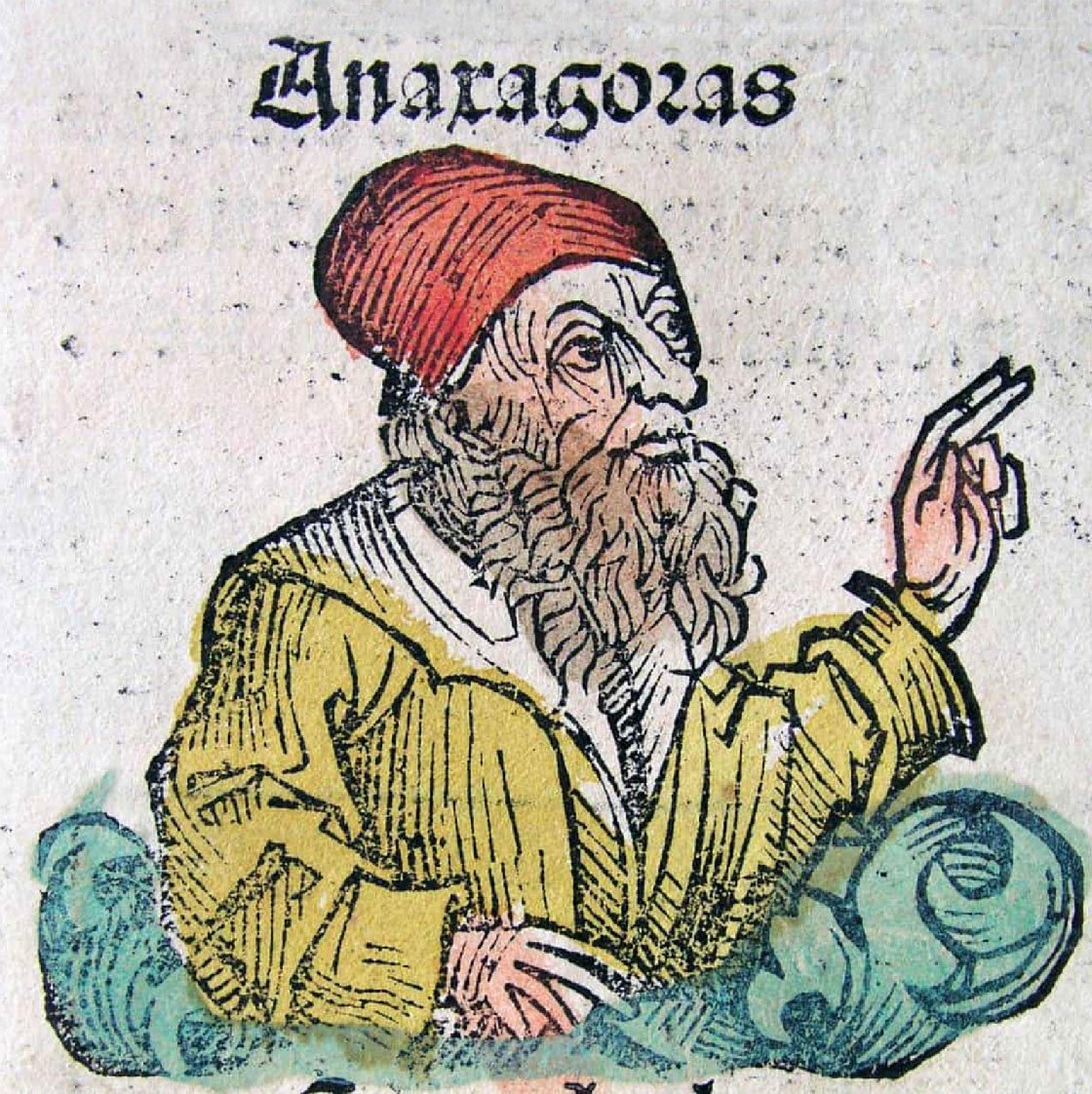 Illustration of Anaxagoras in red hat and yellow coat from the Nuremberg Chronicle